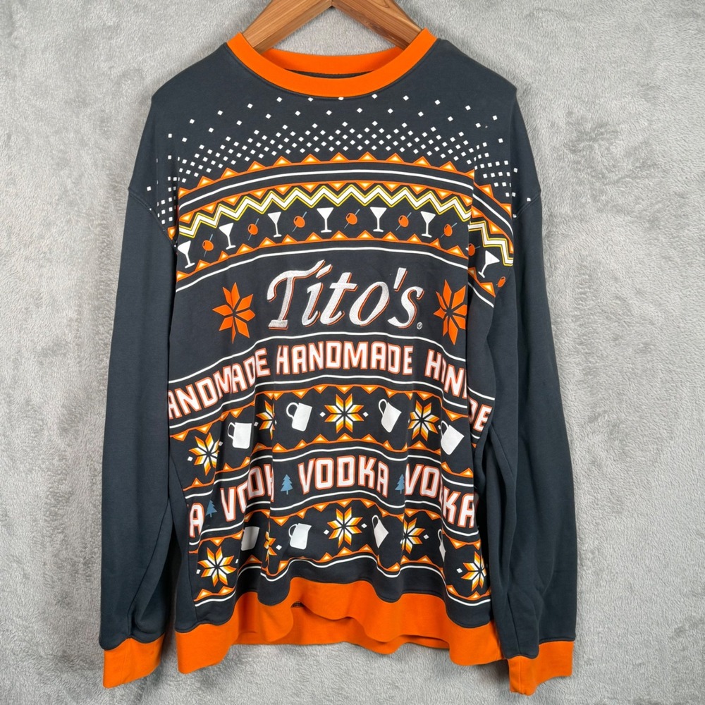 Tito's Handmade Vodka Sweatshirt Men XXL Gray Orange L/S Ugly Christmas Sweater